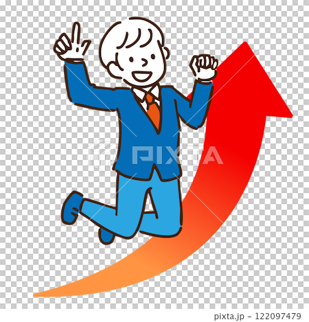 右上向き矢印とジャンプする制服姿の男子のイラスト 122097479