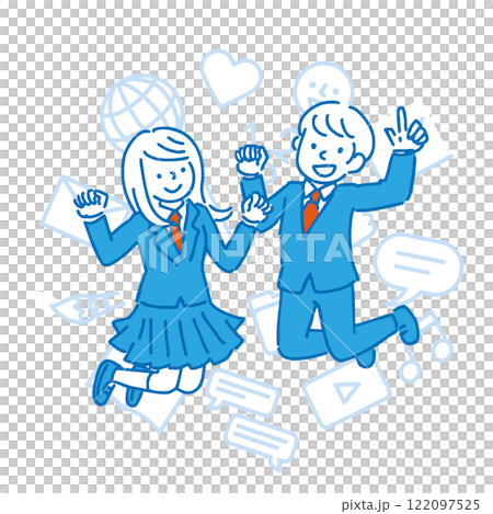 ジャンプする制服姿の男女のイラスト 背景 アイコンあり ジャンプする制服姿の男女のイラスト 背景 アイコンあり 122097525
