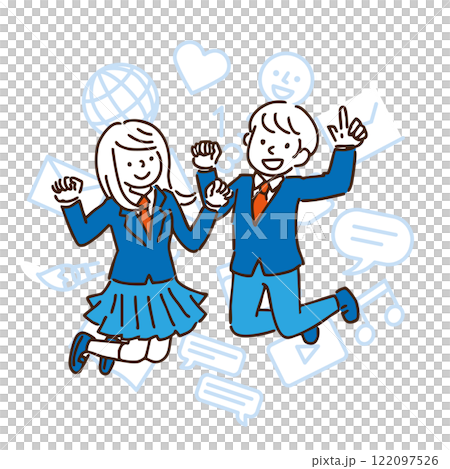 ジャンプする制服姿の男女のイラスト　背景　アイコンあり 122097526