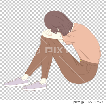 Depressed woman burying her face in her knees 122097574