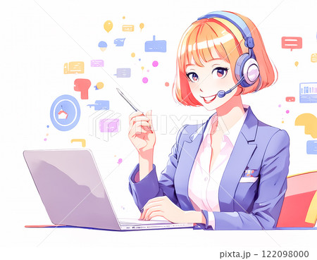 ヘッドセットをつけて働く女性オペレーターのイメージ素材 122098000