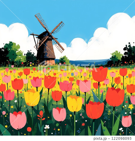 鮮やかなチューリップ畑と青空のイラスト素材 [122098093] - PIXTA