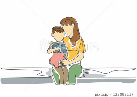 Single one line drawing boy and his mother sitting on sofa holding a piggy bank. The importance of financial planning. National Teach Children to Save Day. Continuous line design graphic illustration 122098117