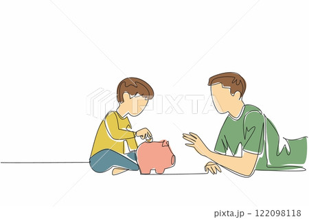 Single continuous line drawing father lying on stomach accompanying his son putting coins into the piggy bank. Hobby of saving. National Teach Children to Save Day. One line design vector illustration Single continuous line drawing father lying on stomach accompanying his son putting coins into the piggy bank. Hobby of saving. National Teach Children to Save Day. One line design vector illustration 122098118