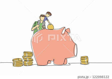 Single one line drawing father carries his son on his shoulders to teach the importance of saving. Financial planning. National Teach Children to Save Day. Continuous line design graphic illustration Single one line drawing father carries his son on his shoulders to teach the importance of saving. Financial planning. National Teach Children to Save Day. Continuous line design graphic illustration 122098122