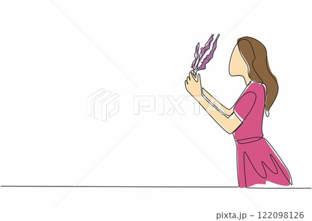 Continuous one line drawing a woman smells the lavender flower she is holding. The scent is soft and very calming. Freshness. National Sense Of Smell Day. Single line draw design vector illustration Continuous one line drawing a woman smells the lavender flower she is holding. The scent is soft and very calming. Freshness. National Sense Of Smell Day. Single line draw design vector illustration 122098126
