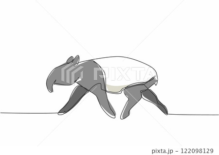 Single one line drawing tapir pose. The characteristic of this animal is that it has a unique nose. This animal is almost extinct. Tapirus. World Tapir Day. Continuous line design graphic illustration 122098129