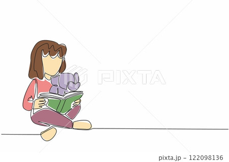 Single one line drawing girl sitting crossed legs hugging elephant doll and reading story book. Tell best habitat of elephants. National Tell a Story Day. Continuous line design graphic illustration 122098136