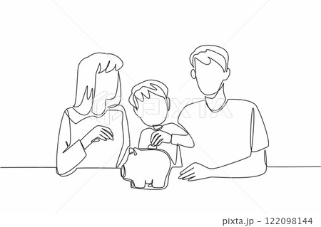Continuous one line drawing boy putting coins into piggy bank. Teaches frugal living and liking to save. Future bright. National Teach Children to Save Day. Single line draw design vector illustration 122098144