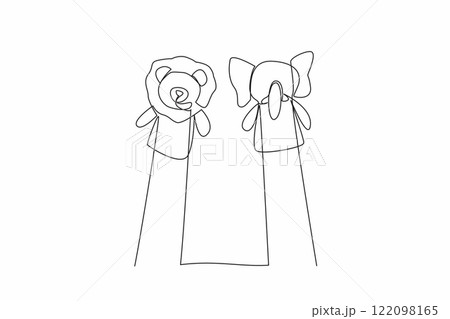 Continuous one line drawing 2 hands with elephant and lion hand puppets in the hands. The story of their friendship. Suitable. National Day of Puppetry. Single line draw design vector illustration 122098165