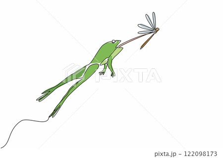 Continuous one line drawing frog jumping with tongue sticking out to prey on dragonfly. Natural response. Hungry. Attempt to get food. Save The Frogs Day. Single line draw design vector illustration 122098173