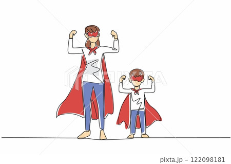 Single one line drawing a mother and a boy raise both hands showing off their arm muscles. Services of mother exceed superheroes. Autism Super Mom Day. Continuous line design graphic illustration 122098181