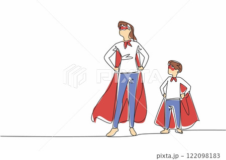 Continuous one line drawing mother and son stood and both hands held their waists. Two superheroes in a compact pose. Super family. Autism Super Mom Day. Single line draw design vector illustration 122098183