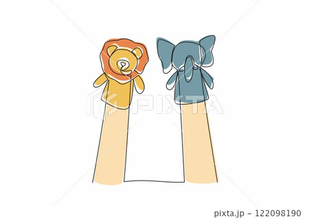 Continuous one line drawing 2 hands with elephant and lion hand puppets in the hands. The story of their friendship. Suitable. National Day of Puppetry. Single line draw design vector illustration 122098190