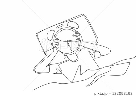 Single continuous line drawing person lying on bed holding alarm clock and covering his head. The organ of body systems work at certain hours. Biological Clock Day. One line design vector illustration Single continuous line drawing person lying on bed holding alarm clock and covering his head. The organ of body systems work at certain hours. Biological Clock Day. One line design vector illustration 122098192