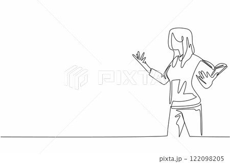 Single continuous line drawing woman in casual clothes reading a book or poetry in attractive pose. Practice seriously before performance. Great Poetry Reading Day. One line design vector illustration Single continuous line drawing woman in casual clothes reading a book or poetry in attractive pose. Practice seriously before performance. Great Poetry Reading Day. One line design vector illustration 122098205