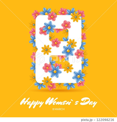 International Womens day 8 march banner. Greeting card with number 8 and flowers. Flat vector illustration. Holiday concept 122098216