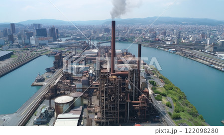 日本の河川沿いにある錆びた煙突が印象的な製鉄工場を上空からのアングルでリアルに描いたAI生成画像 日本の河川沿いにある錆びた煙突が印象的な製鉄工場を上空からのアングルでリアルに描いたAI生成画像 122098280
