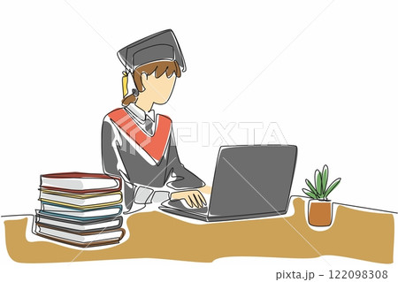 Single one line drawing a woman wearing a graduation gown with hat. Typing on laptop to fill in personal data. Online graduation. National Dissertation Day. Continuous line design graphic illustration 122098308