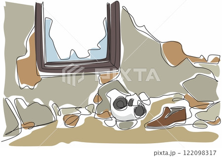 Continuous one line drawing old broken gas mask near broken window. The worst nuclear reactor accident in history. International Chernobyl Remembrance Day. Single line draw design vector illustration 122098317