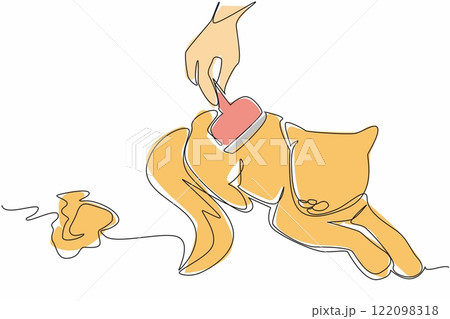 Continuous one line drawing the cat being combed by a fur brush. Prevention of swallowed hairballs. Take care with care. National Hairball Awareness Day. Single line draw design vector illustration 122098318