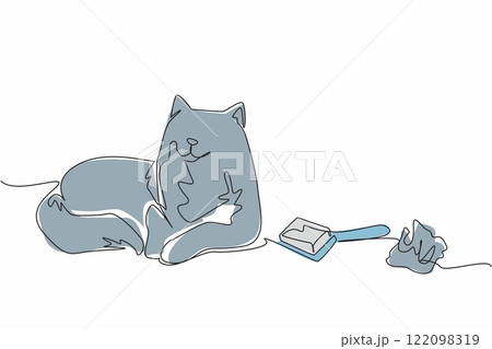 Single one line drawing cat lying down with fur and hairball. Regular maintenance prevents health problems. Blockage. National Hairball Awareness Day. Continuous line design graphic illustration Single one line drawing cat lying down with fur and hairball. Regular maintenance prevents health problems. Blockage. National Hairball Awareness Day. Continuous line design graphic illustration 122098319