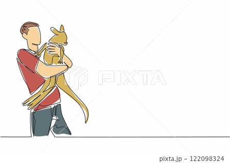 Single continuous line drawing man hugging kangaroo. Cared for since they were small, it is time to release them into their natural habitat. Hug an Australian Day. One line design vector illustration 122098324