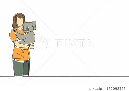 Single continuous line drawing a woman in casual clothes hugging a koala. Animals that have cute and adorable looks. Sleeping on a treetop. Hug an Australian Day. One line design vector illustration 122098325