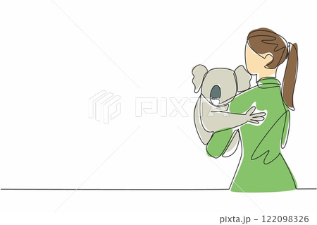 Continuous one line drawing a woman in casual clothes is holding a koala. Cute and adorable tame animals. Capture holiday moments. Hug an Australian Day. Single line draw design vector illustration 122098326
