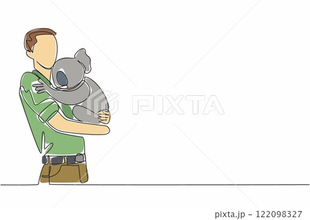 Single continuous line drawing a man in casual clothes carrying a koala. a man in casual clothes carrying a koala. Pampering with humans. Hug an Australian Day. One line design vector illustration Single continuous line drawing a man in casual clothes carrying a koala. a man in casual clothes carrying a koala. Pampering with humans. Hug an Australian Day. One line design vector illustration 122098327