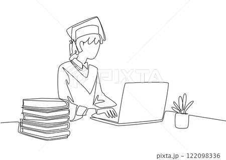 Single one line drawing a woman wearing a graduation gown with hat. Typing on laptop to fill in personal data. Online graduation. National Dissertation Day. Continuous line design graphic illustration Single one line drawing a woman wearing a graduation gown with hat. Typing on laptop to fill in personal data. Online graduation. National Dissertation Day. Continuous line design graphic illustration 122098336