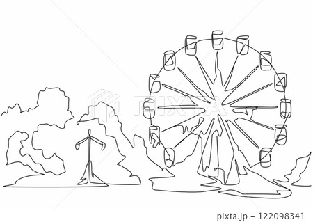 Continuous one line drawing broken and neglected ferris wheel in the amusement park. A place without civilization. International Chernobyl Remembrance Day. Single line draw design vector illustration 122098341