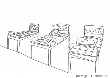 Single continuous line drawing old room with iron beds lined up and a broken doll. A room abandoned by tragedy. Gripping. International Chernobyl Remembrance Day. One line design vector illustration 122098343