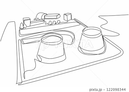 Single continuous line drawing 2 main buildings of the Chernobyl nuclear reactor. Nuclear power plant explosion. Dangerous. International Chernobyl Remembrance Day. One line design vector illustration 122098344