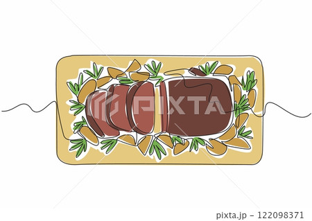 Continuous one line drawing prime rib and some cut into small slices and some fried potato wedges. High protein dish. Delicious. National Prime Rib Day. Single line draw design vector illustration Continuous one line drawing prime rib and some cut into small slices and some fried potato wedges. High protein dish. Delicious. National Prime Rib Day. Single line draw design vector illustration 122098371