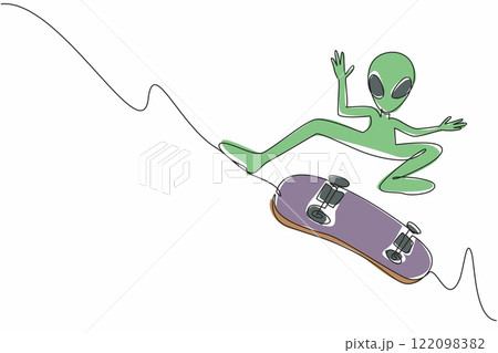 Single continuous line drawing alien is playing skateboard with pose jump and perform tricks. Likes extreme sports that get the adrenaline pumping. Alien Day. One line design vector illustration 122098382