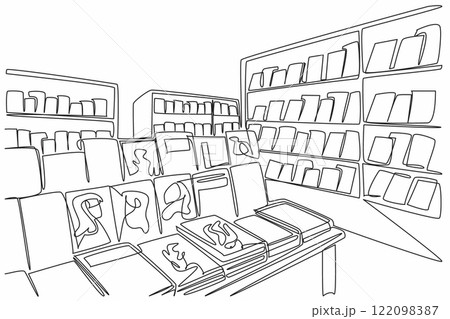 Continuous one line drawing the inside of the bookstore is full of shelves filled with books. Selling cheap and quality books. Independent Bookstore Day. Single line draw design vector illustration Continuous one line drawing the inside of the bookstore is full of shelves filled with books. Selling cheap and quality books. Independent Bookstore Day. Single line draw design vector illustration 122098387