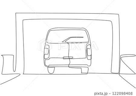 Single continuous line drawing car garage seen from the front and car seen from the back. The car will be parked from the front of the car. National Garage Day. One line design vector illustration Single continuous line drawing car garage seen from the front and car seen from the back. The car will be parked from the front of the car. National Garage Day. One line design vector illustration 122098408