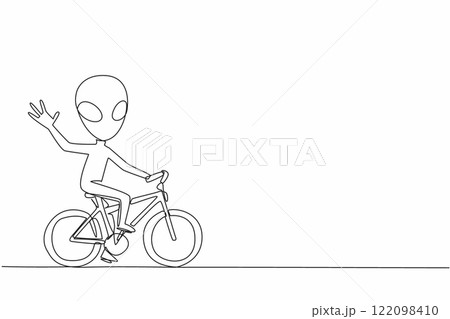 Continuous one line drawing alien riding a bike. Alien environmentalist because healthy living doing exercising. Alien bike to work campaign. Alien Day. Single line draw design vector illustration Continuous one line drawing alien riding a bike. Alien environmentalist because healthy living doing exercising. Alien bike to work campaign. Alien Day. Single line draw design vector illustration 122098410