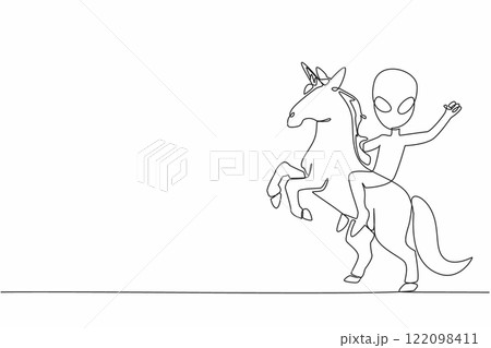 Single one line drawing alien riding a unicorn. Aliens really enjoy making friends with unicorns. Friendship in space. Mystery story. Cute. Myth. Alien Day. Continuous line design graphic illustration 122098411