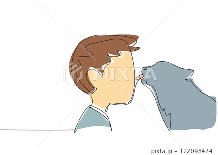 Single continuous line drawing the cat licking nose of boy. Gratitude after being given delicious nutritious food. The favorite cat. National Kids and Pets Day. One line design vector illustration Single continuous line drawing the cat licking nose of boy. Gratitude after being given delicious nutritious food. The favorite cat. National Kids and Pets Day. One line design vector illustration 122098424