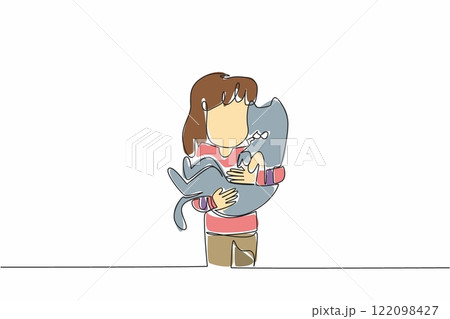 Single one line drawing girl holding cat. The close friendship between humans and their beloved cats. Cared for with love. National Kids and Pets Day. Continuous line design graphic illustration 122098427