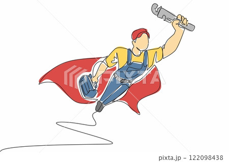 Single one line drawing male plumber flying with equipment in hand. Super hero who is always ready anytime. The expert. Professional. National Plumber Day. Continuous line design graphic illustration Single one line drawing male plumber flying with equipment in hand. Super hero who is always ready anytime. The expert. Professional. National Plumber Day. Continuous line design graphic illustration 122098438