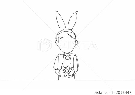 Single one line drawing the boy carrying a rabbit and his head wearing a rabbit ear headband. School drama. Resembling a pet. National Kids and Pets Day. Continuous line design graphic illustration Single one line drawing the boy carrying a rabbit and his head wearing a rabbit ear headband. School drama. Resembling a pet. National Kids and Pets Day. Continuous line design graphic illustration 122098447