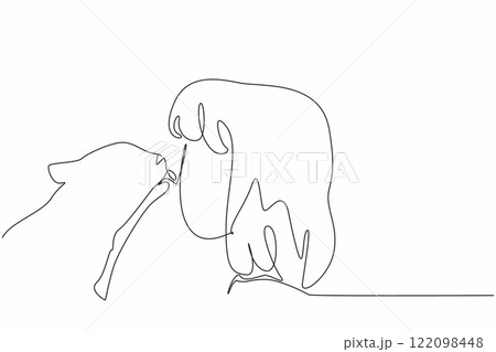 Continuous one line drawing cat licking girls nose. A gesture of gratitude from animals to humans. Communication without words. National Kids and Pets Day. Single line draw design vector illustration 122098448