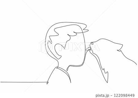 Single continuous line drawing the cat licking nose of boy. Gratitude after being given delicious nutritious food. The favorite cat. National Kids and Pets Day. One line design vector illustration Single continuous line drawing the cat licking nose of boy. Gratitude after being given delicious nutritious food. The favorite cat. National Kids and Pets Day. One line design vector illustration 122098449