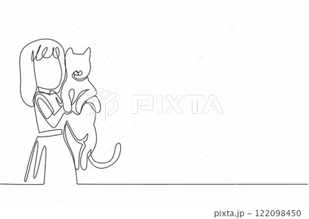 Single one line drawing girl holding her beloved striped cat in both hands. Super adorable funny behavior. Long time friends. National Kids and Pets Day. Continuous line design graphic illustration Single one line drawing girl holding her beloved striped cat in both hands. Super adorable funny behavior. Long time friends. National Kids and Pets Day. Continuous line design graphic illustration 122098450