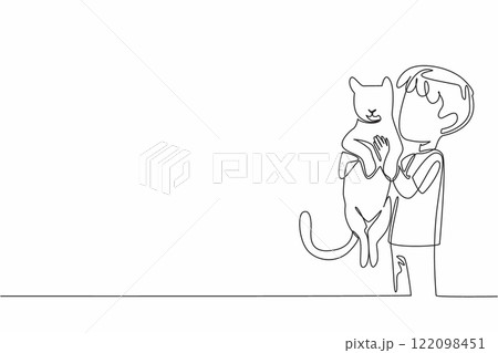 Single continuous line drawing the boy holding cat with both hands. Missing the beloved cat. Always carried everywhere. Friendship. National Kids and Pets Day. One line design vector illustration Single continuous line drawing the boy holding cat with both hands. Missing the beloved cat. Always carried everywhere. Friendship. National Kids and Pets Day. One line design vector illustration 122098451