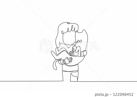 Single one line drawing girl holding cat. The close friendship between humans and their beloved cats. Cared for with love. National Kids and Pets Day. Continuous line design graphic illustration 122098452