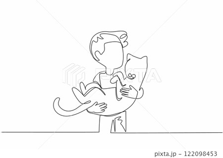 Continuous one line drawing boy holding cat. A positive attitude and gesture that is contagious to animals. Close friendship. National Kids and Pets Day. Single line draw design vector illustration 122098453